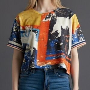 FOR KEEPS Abstract Rainbow Cropped Short Sleeve Baddie Box T-shirt Small